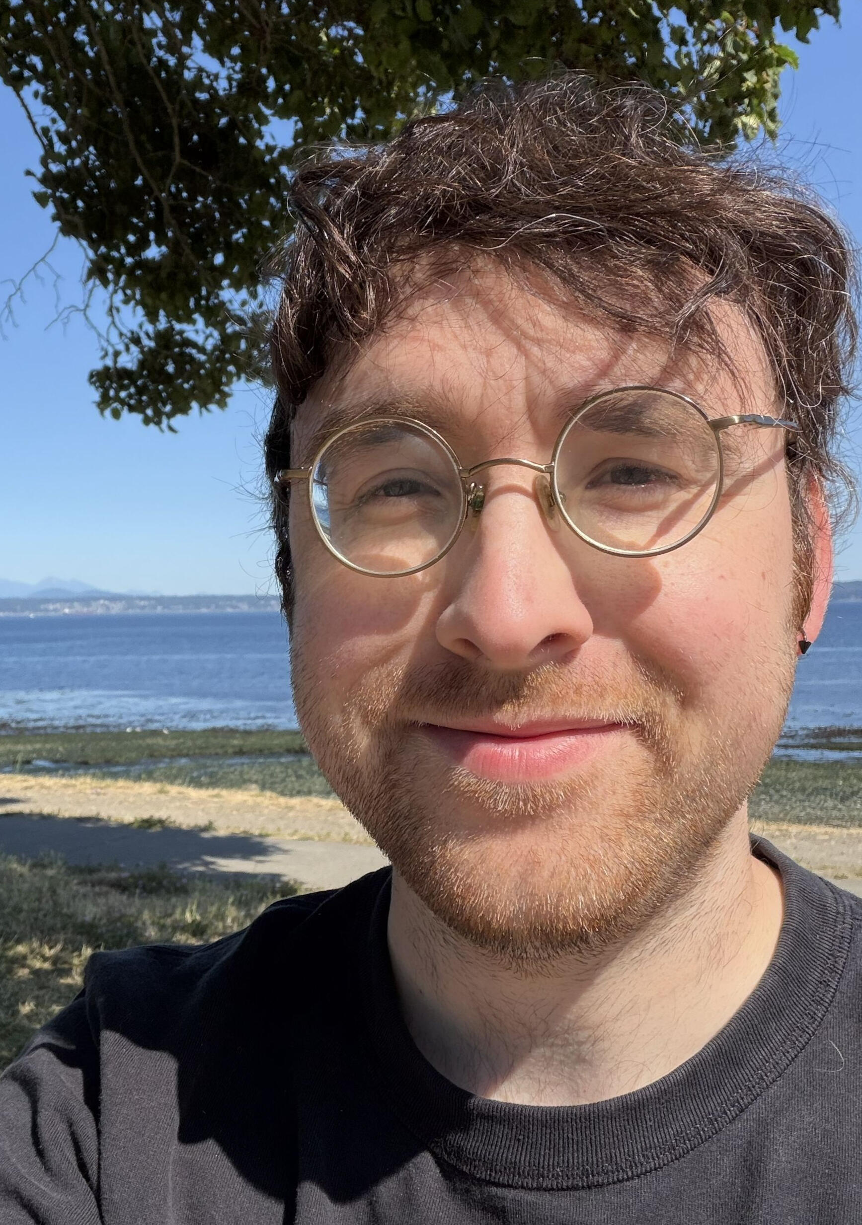 Stu Alexander at the Beach Headshot of man with short hair and glasses in front of a rocky beach.